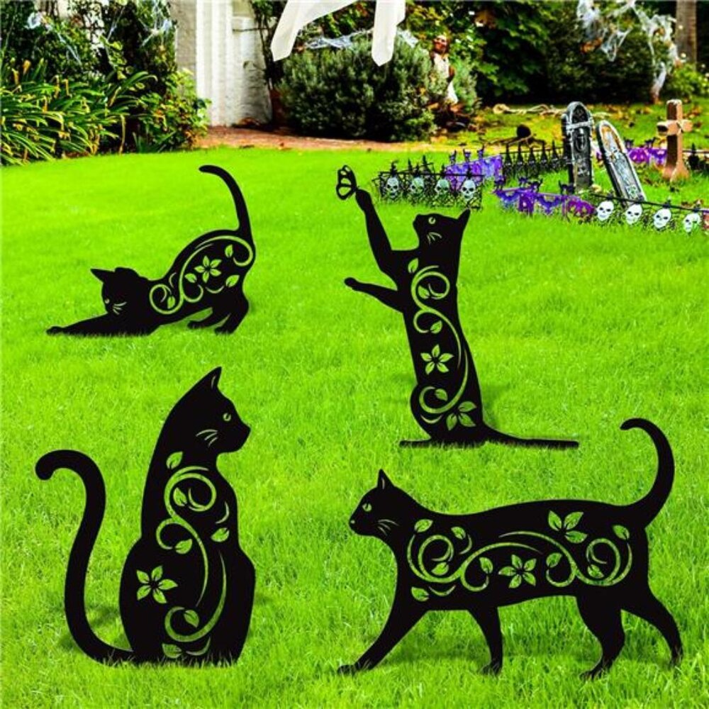 Pack Black Cat Silhouette Cute Metal Cat Statues Bird Repellent Cat Decorative